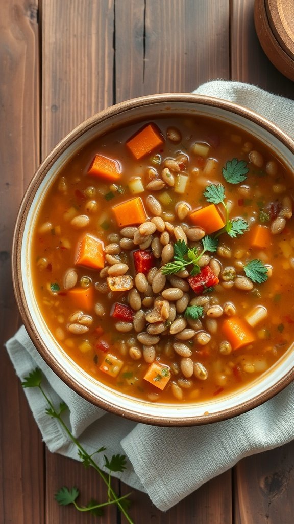 A bowl of lentil soup with carrots, celery, and garnished with herbs.