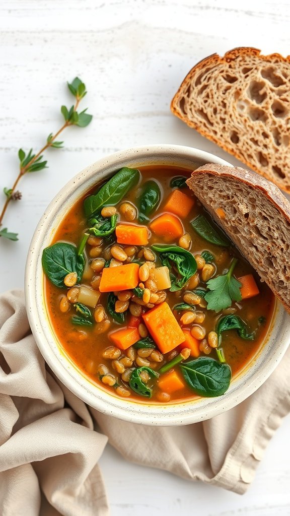 A bowl of lentil soup with spinach and carrots next to a slice of bread.