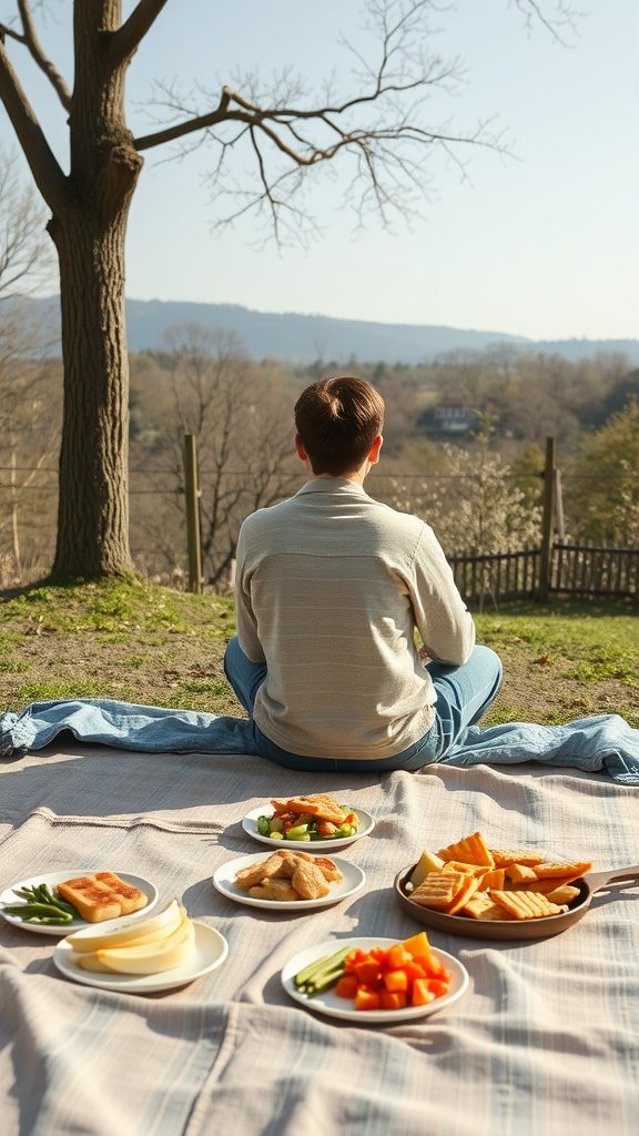 A person enjoying a healthy snack spread outdoors, featuring assorted fresh vegetables and fruits.