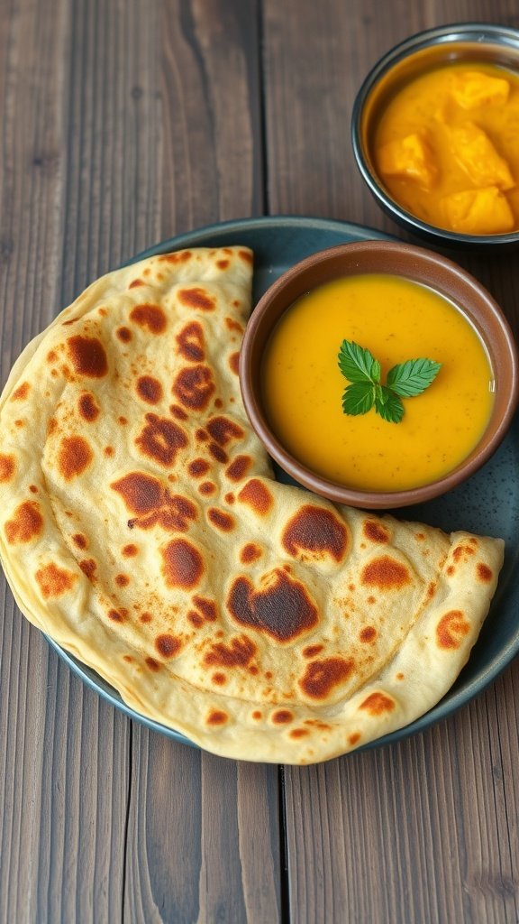 Flatbread served with lentil curry, garnished with fresh herbs.