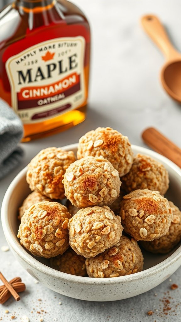A bowl of maple cinnamon oatmeal balls next to a bottle of maple syrup.