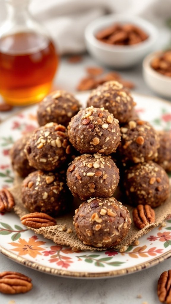 A plate of Maple Pecan Energy Bites sprinkled with oats and pecans.