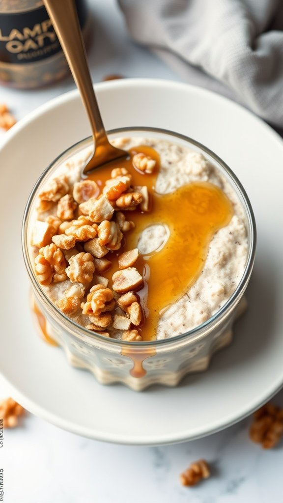 A bowl of Maple Walnut Overnight Oats topped with walnuts and maple syrup.