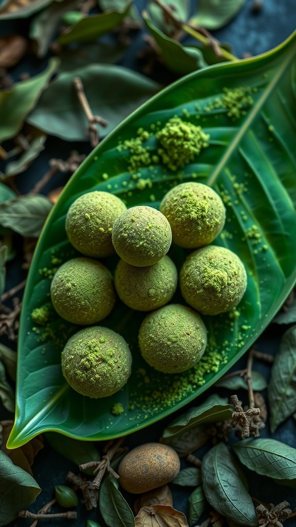 Delicious Matcha Green Tea Energy Balls arranged on a leaf