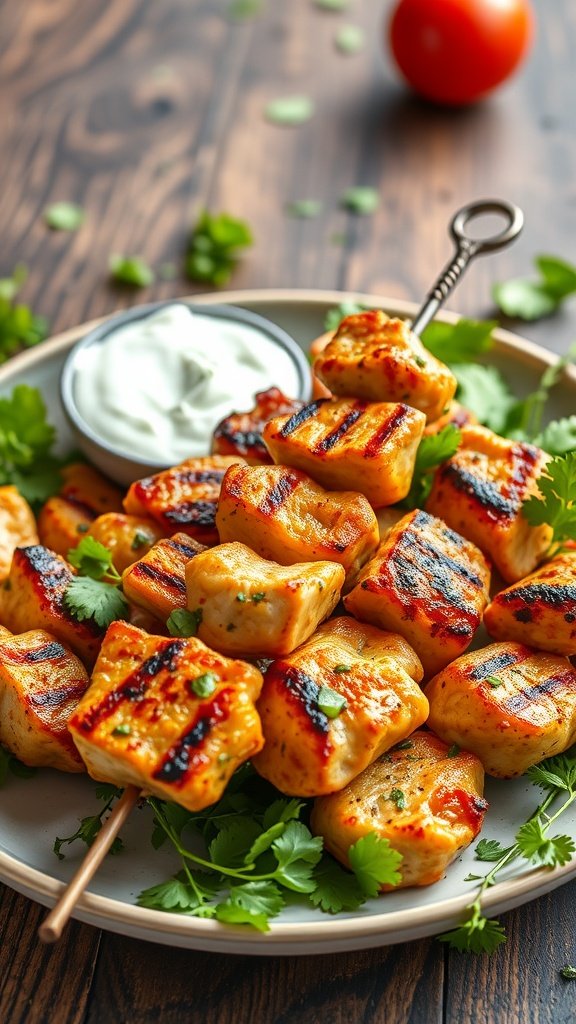 Plate of Mediterranean Chicken Thigh Skewers garnished with herbs and served with a yogurt sauce.