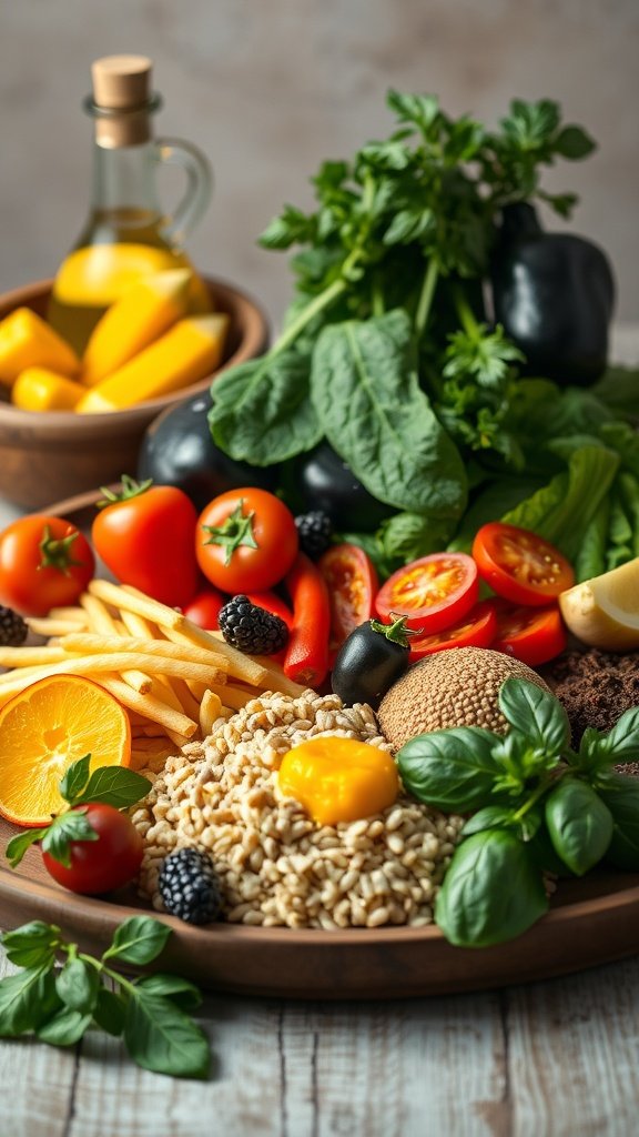 A colorful array of fresh Mediterranean ingredients, including vegetables and grains, promoting a healthy diet.