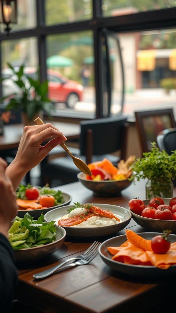 A table set with a healthy meal featuring salmon, yogurt, and fresh vegetables.