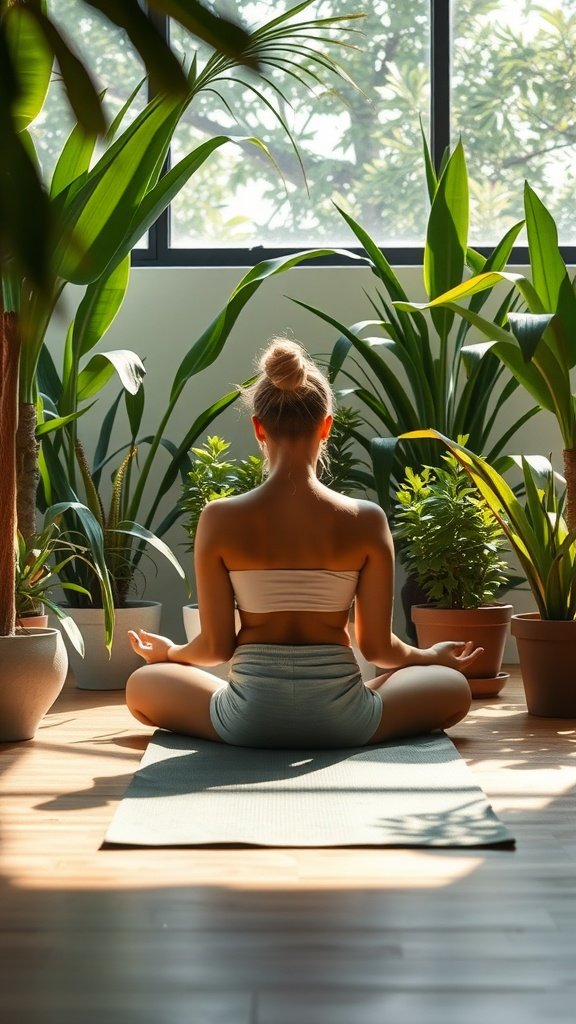 A person meditating on a yoga mat surrounded by plants and natural light.