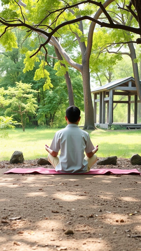 A young person meditating on a mat in a peaceful green outdoor setting.