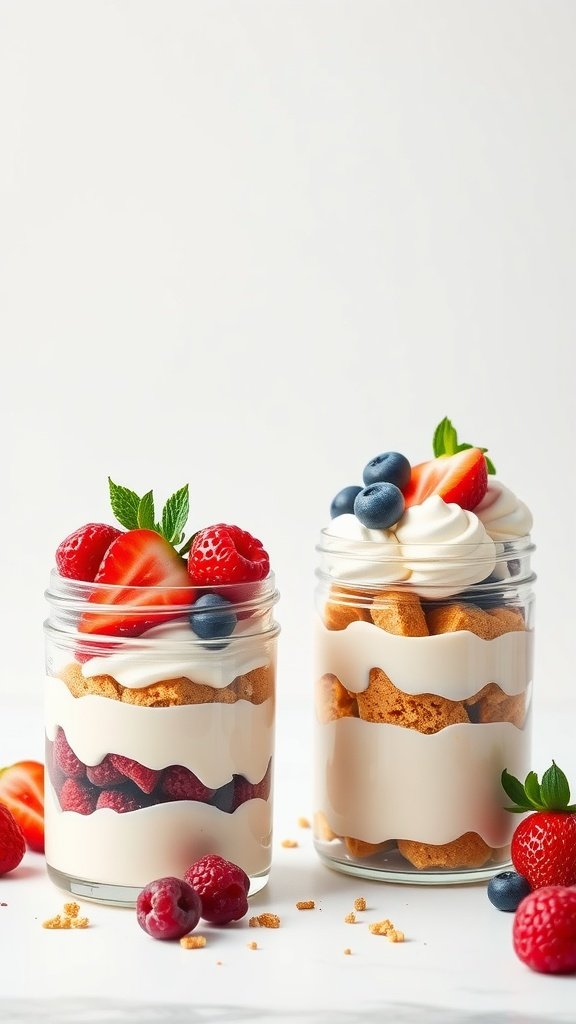 Two minimalist dessert jars layered with cream, berries, and cookie crumbles