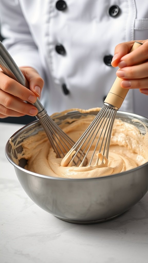 Whisking a batter in a metallic bowl for high protein waffles.