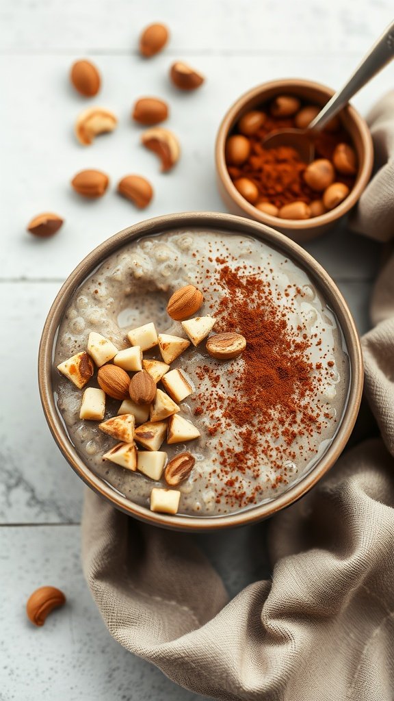 A bowl of mocha hazelnut overnight oats topped with hazelnuts and cocoa powder.