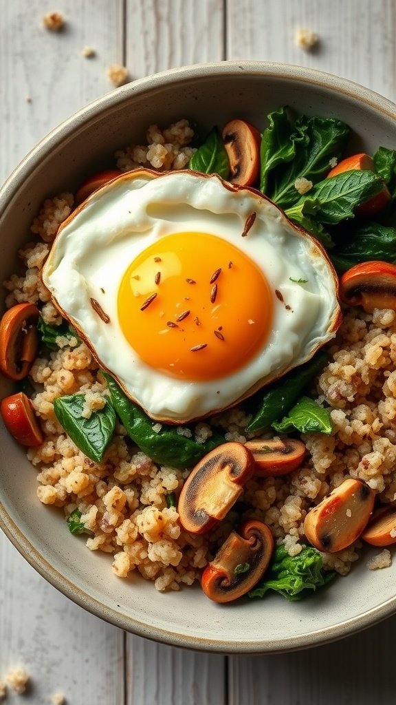 Bowl of quinoa mixed with mushrooms and kale topped with a fried egg