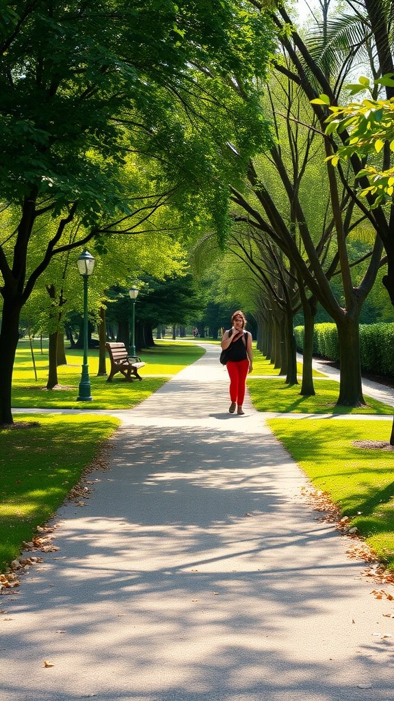 A woman walking on a path in a sunny park surrounded by trees