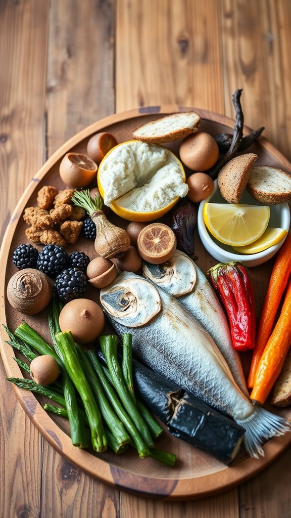 A vibrant spread of fresh ingredients representing the Nordic diet, featuring fish, vegetables, and herbs.
