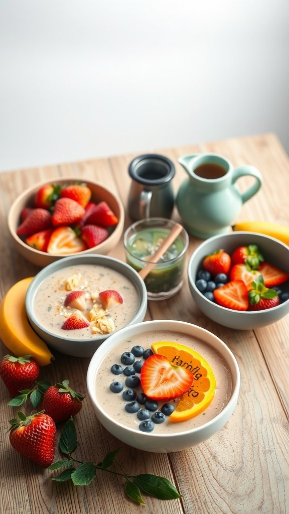 A vibrant breakfast spread with smoothie bowls, fresh strawberries, a cup of tea, and bananas.