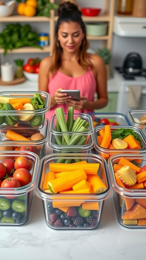 A woman looking at her phone in a kitchen filled with organized containers of fruits and vegetables.