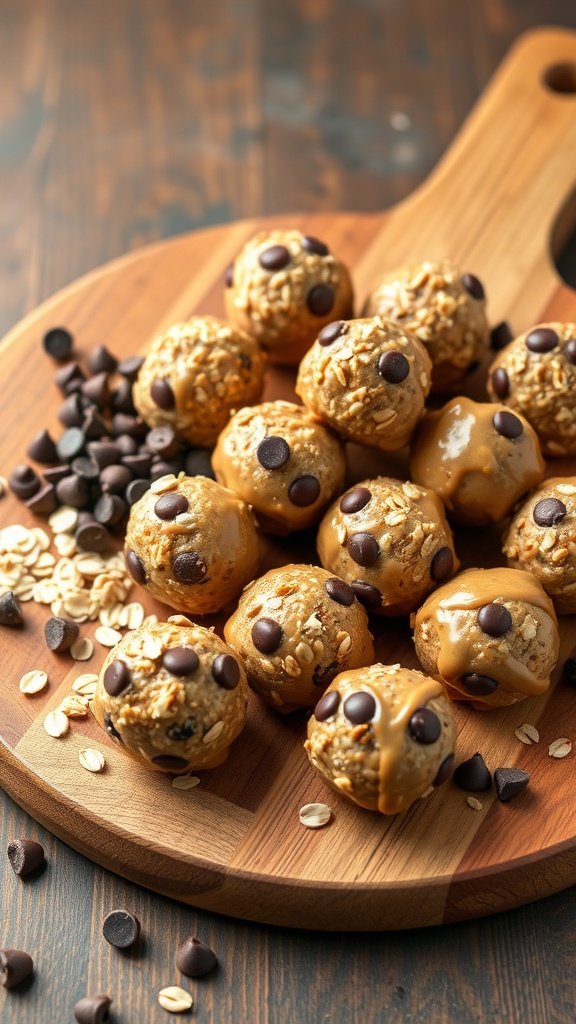 Nut butter energy bites on a wooden cutting board with chocolate chips and oats