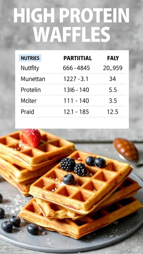 High protein waffles stacked on a plate with berries