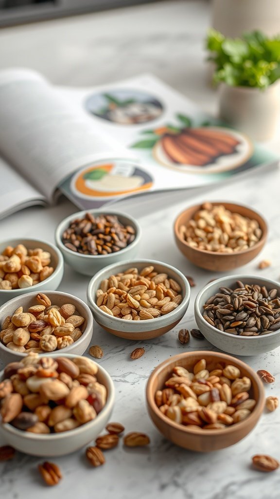 An assortment of nuts and seeds in small bowls, with a magazine open beside them.