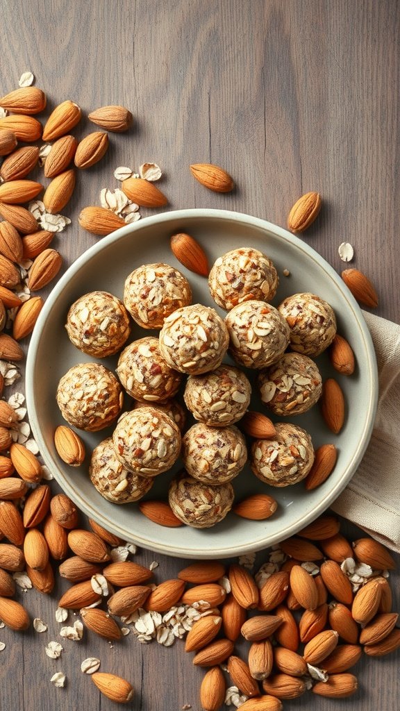 A plate of nutty almond energy bites surrounded by whole almonds and oats.