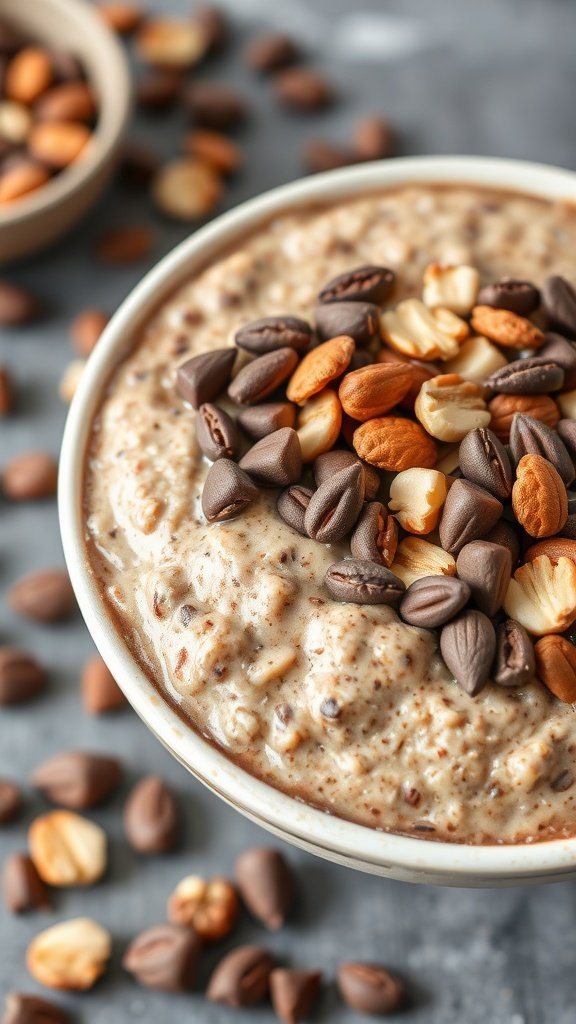 A bowl of nutty cocoa crunch overnight oats topped with mixed nuts and chocolate chips.