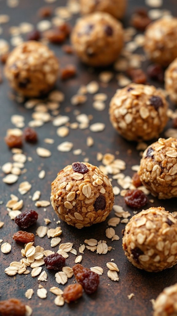 Oatmeal Raisin Energy Balls scattered with oats and raisins