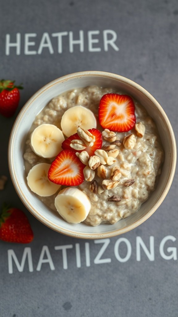 A bowl of oatmeal topped with fresh banana and strawberry slices, along with nuts.