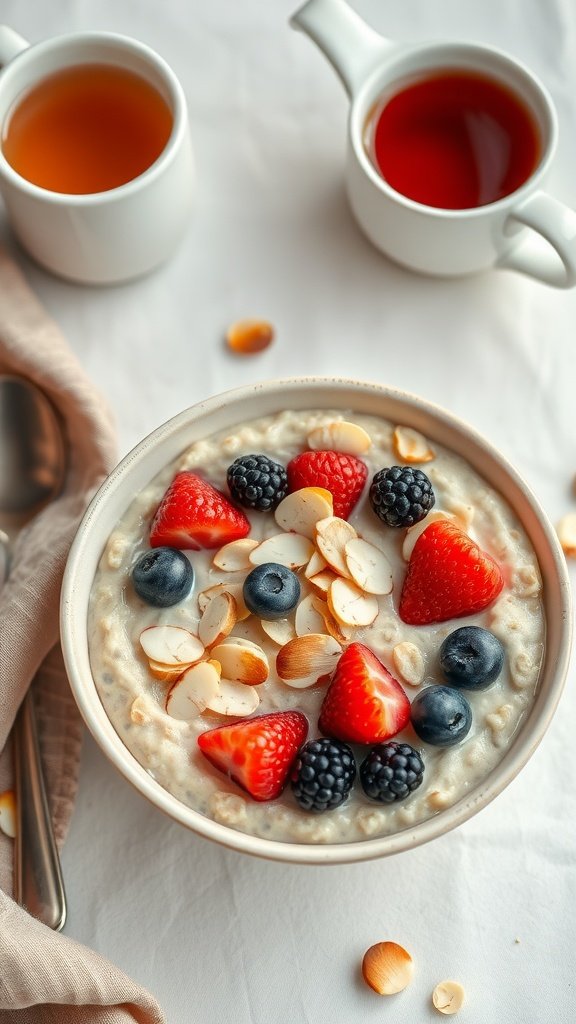 A bowl of oats topped with fresh berries and sliced almonds