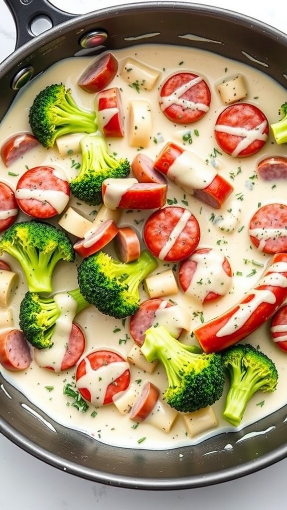 A one-pan dish featuring sausage, broccoli, and creamy sauce.