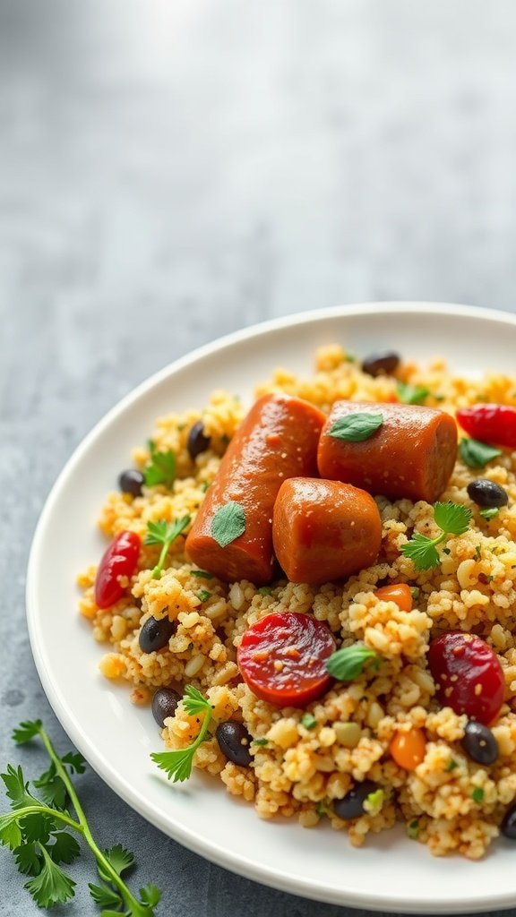 A plate of Polish sausage with quinoa and colorful vegetables.