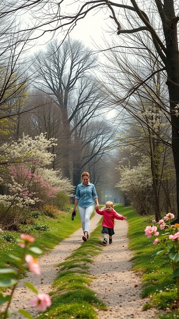 A mother and child walking together on a nature path surrounded by trees and flowers.