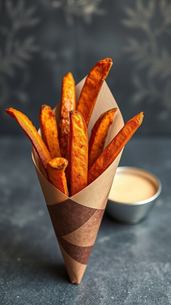 A cone of oven-baked sweet potato fries served with a dipping sauce