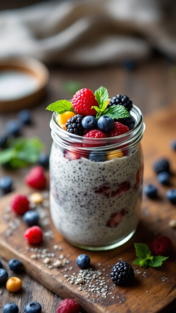 A jar of chia seed pudding topped with fresh berries and mint leaves.