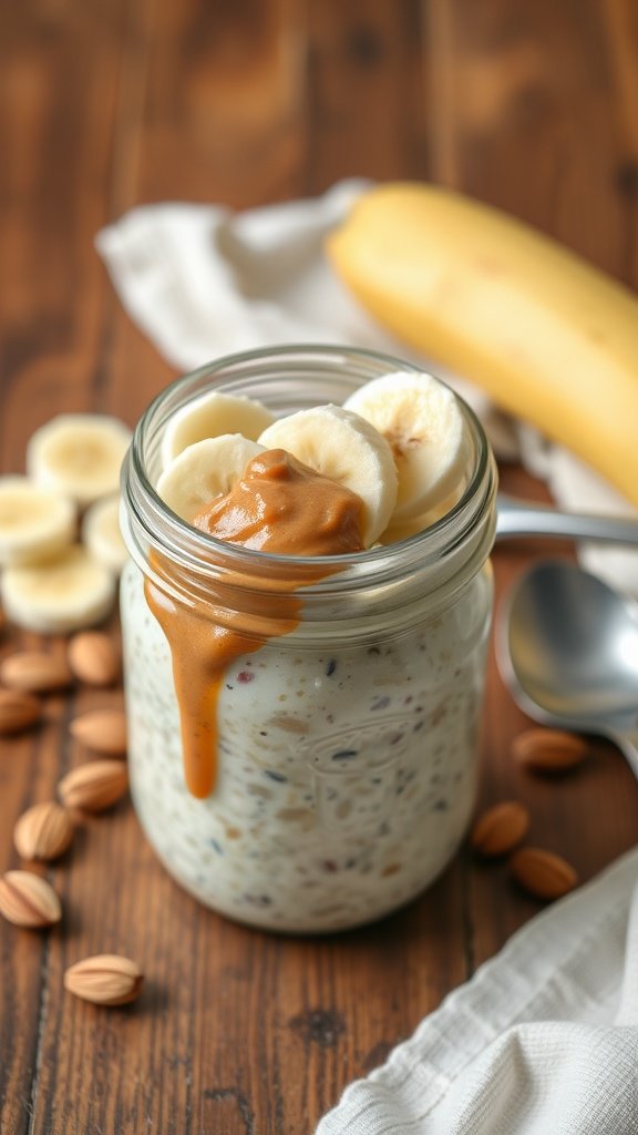 A jar of overnight oats topped with banana slices and almond butter, surrounded by almonds.