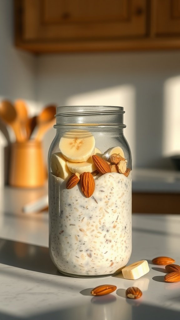 A jar of overnight oats with sliced bananas and almonds on top