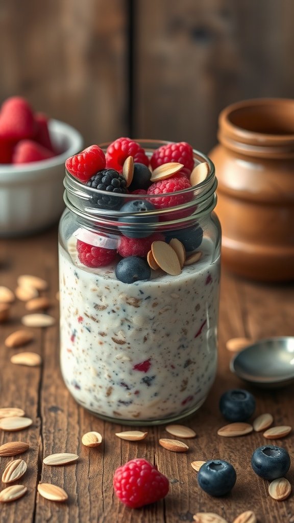 A jar of overnight oats topped with berries and almonds on a wooden table.