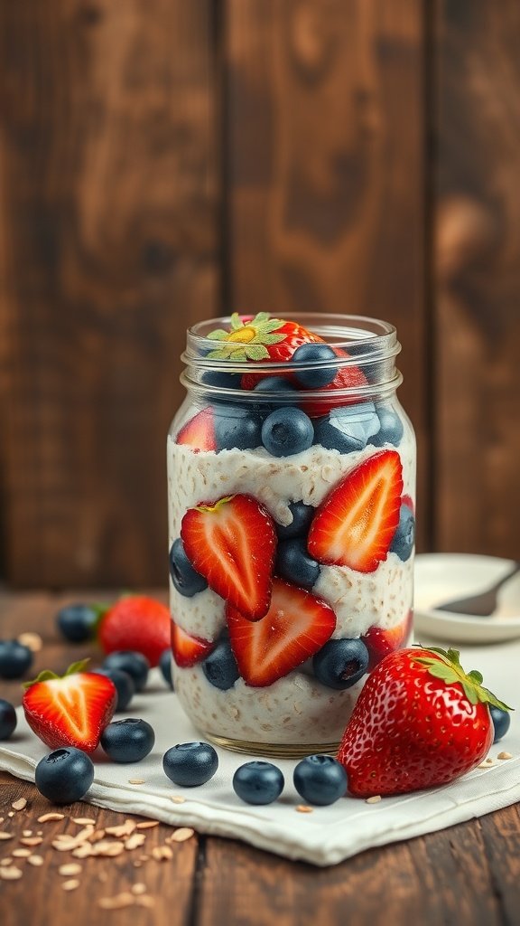 A jar of overnight oats topped with fresh berries, set on a wooden surface.