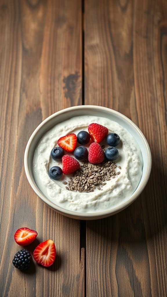 A delicious bowl of overnight oats topped with fresh berries and chia seeds, served on a wooden table.