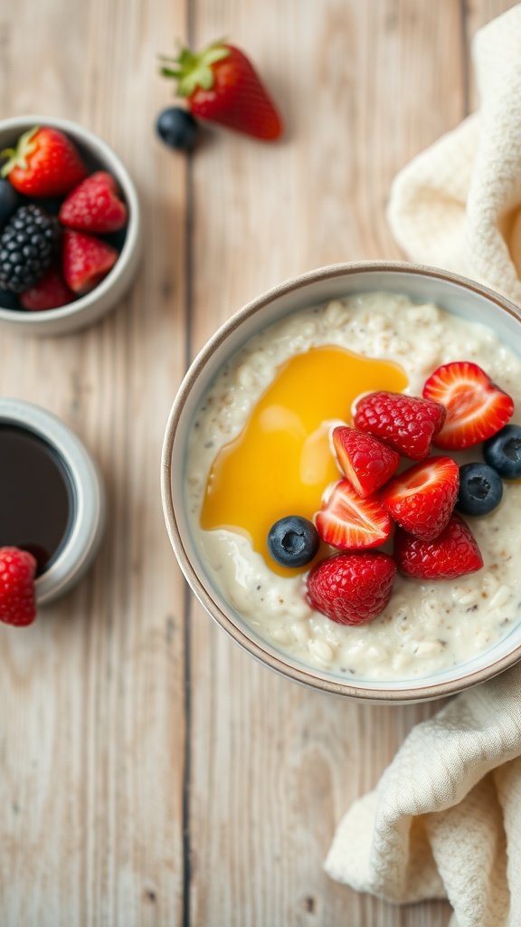 A bowl of overnight oats topped with fresh berries and a drizzle of honey