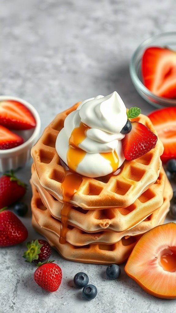 High protein waffles with strawberries, blueberries, and whipped cream on top.