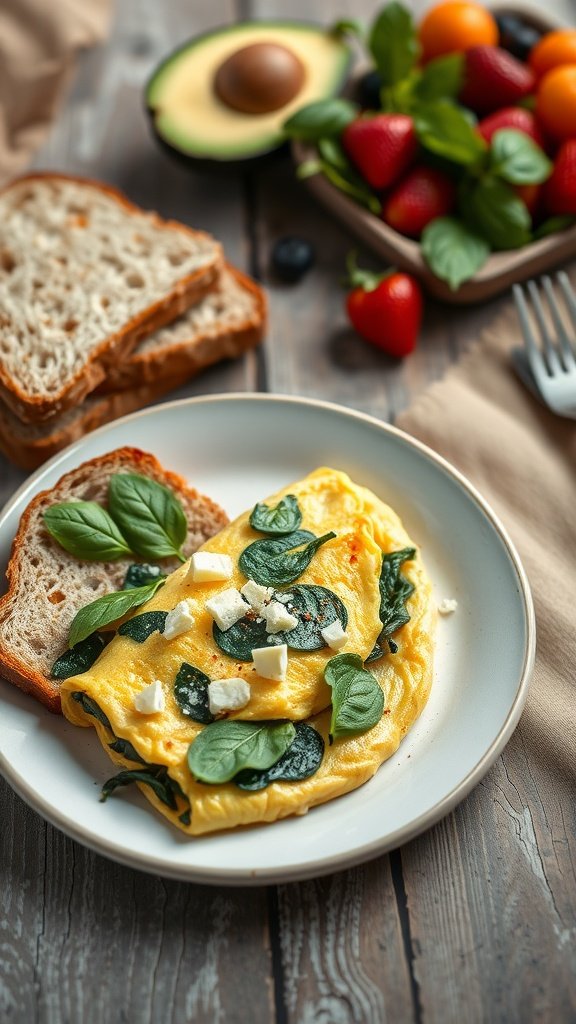 A delicious spinach and feta omelet served with whole grain bread and fresh fruits.
