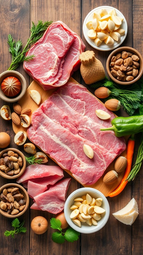 Ingredients for a Paleo diet recipe including meat, vegetables, and nuts.