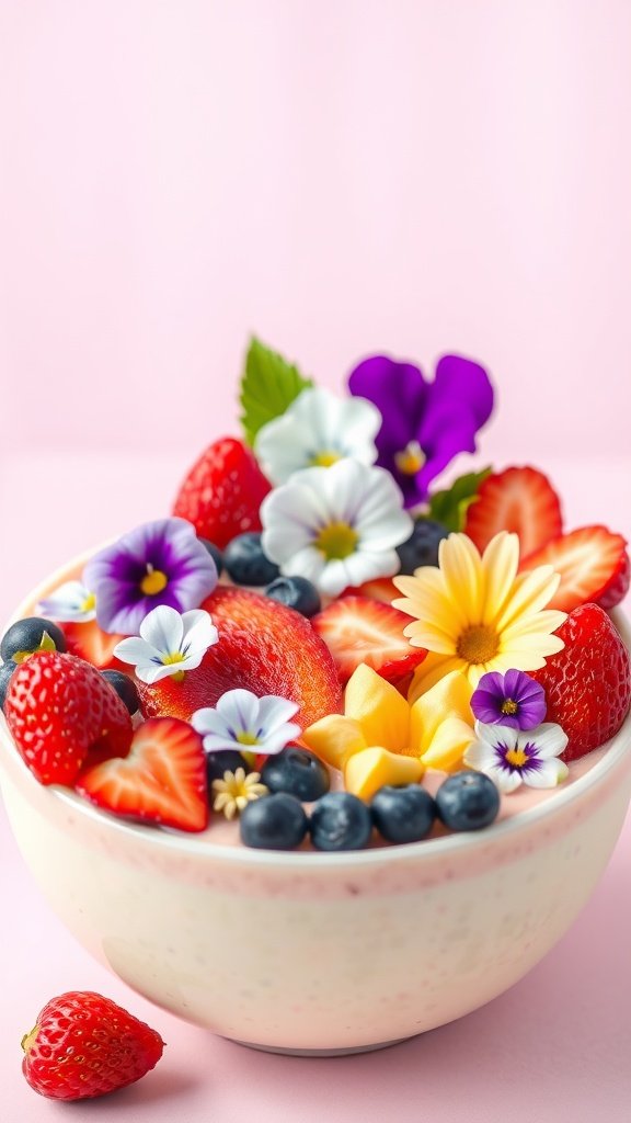 A pastel rainbow smoothie bowl topped with fresh fruits and edible flowers against a pink background.