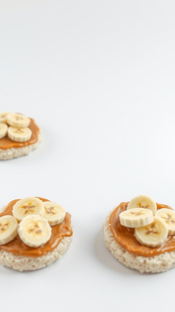 Peanut butter and banana rice cakes topped with banana slices.