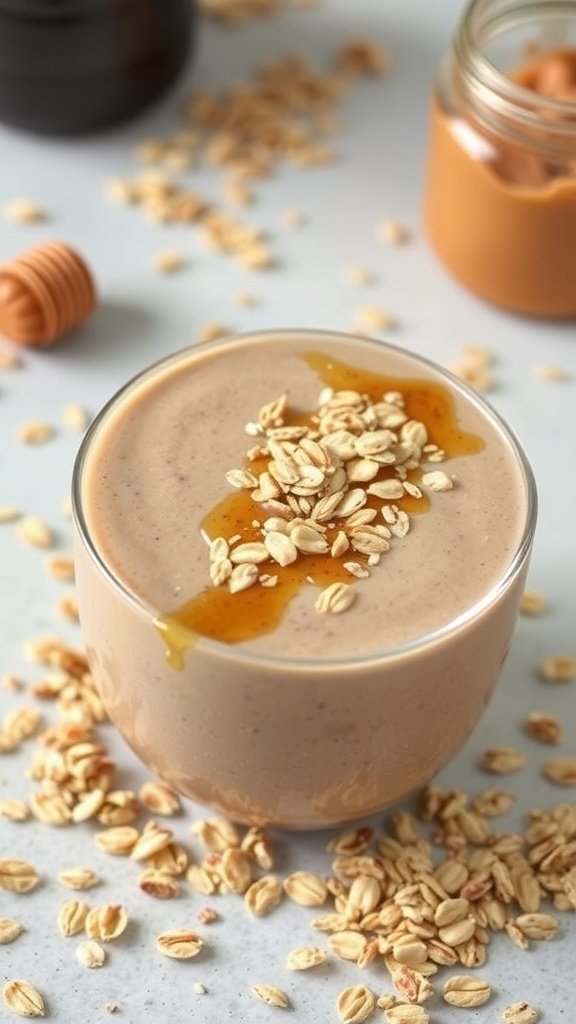 A creamy peanut butter and oatmeal smoothie topped with oats and honey.