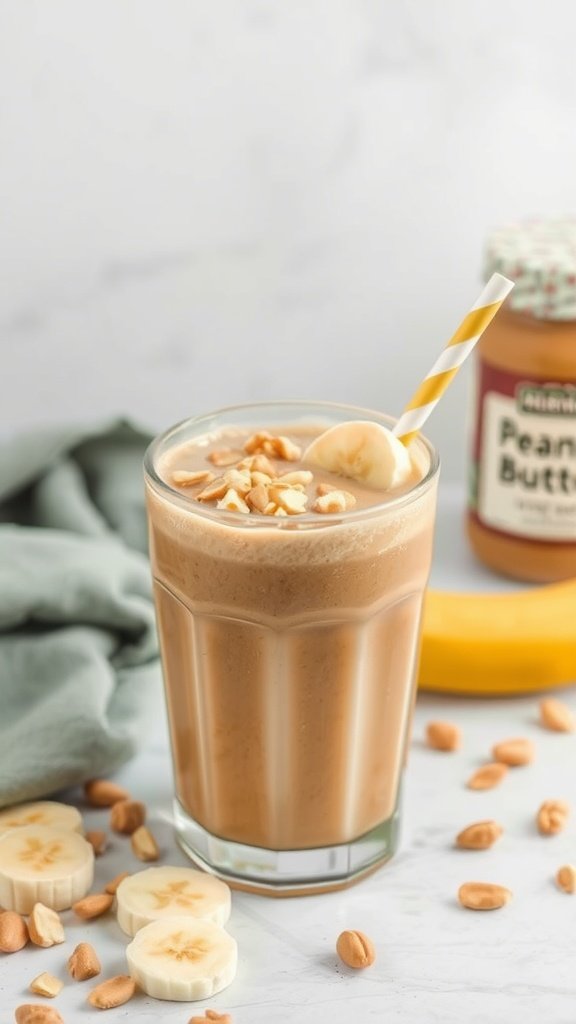 Peanut Butter Banana Bliss smoothie in a glass with banana slices and peanuts