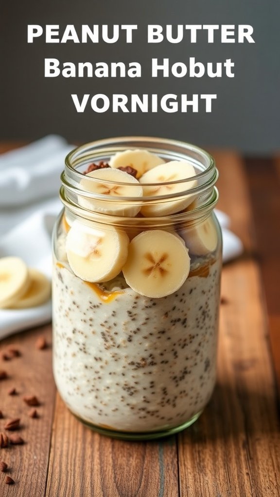 A jar of peanut butter banana overnight oats topped with banana slices.
