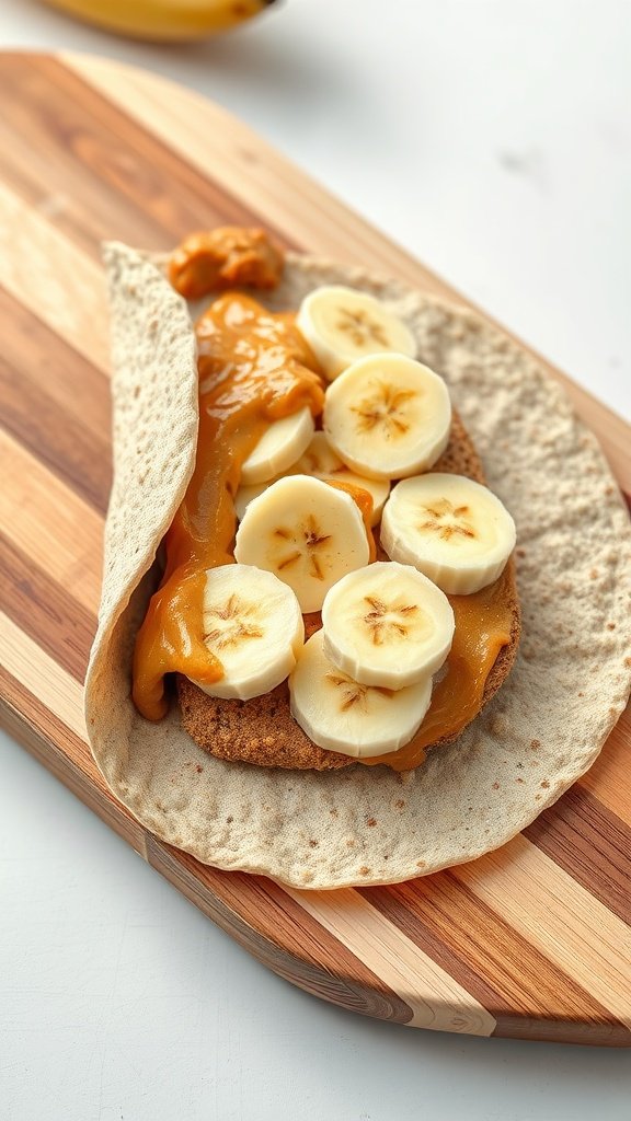 A peanut butter banana wrap on a wooden board.