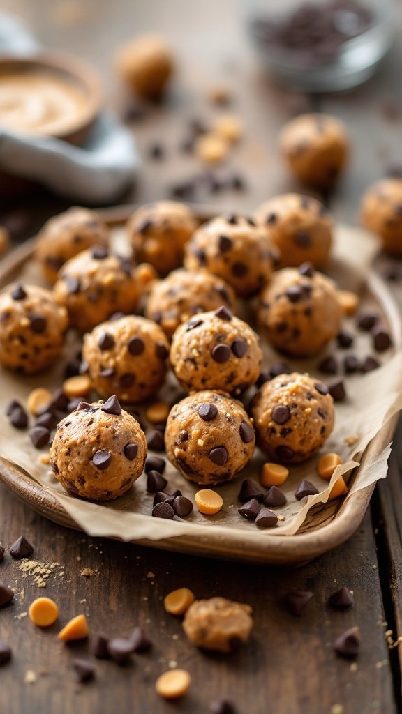 Peanut Butter Chocolate Chip Energy Balls on a wooden surface